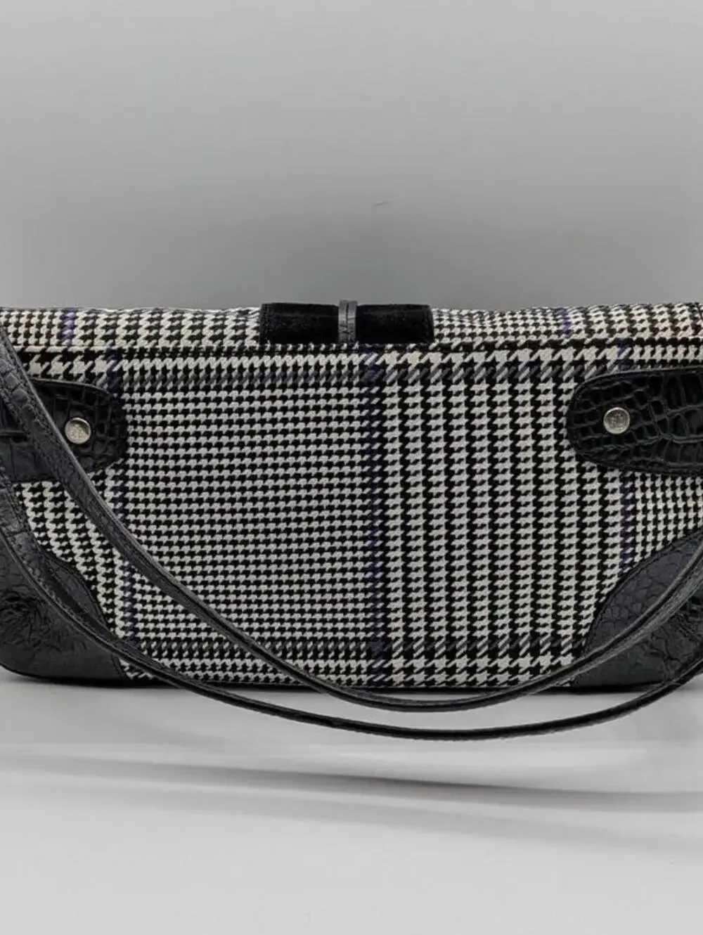 Lauren Ralph Lauren $298 Y2K Black White Purple Houndstooth Leather Accent Bag - Picture 2 of 10